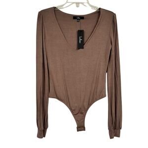 Lulus Brown V Neck Long Sleeve Bodysuit Womens M Casual Blouse Puff Sleeve Top